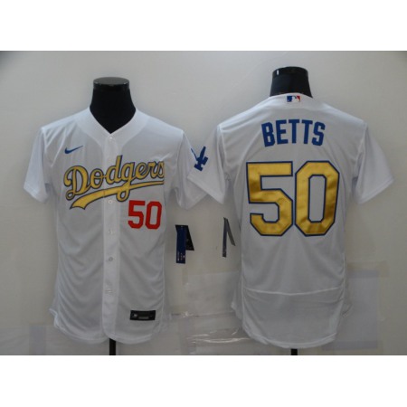 Men's Los Angeles Dodgers #50 Mookie Betts 2021 White Gold Sttiched Jersey