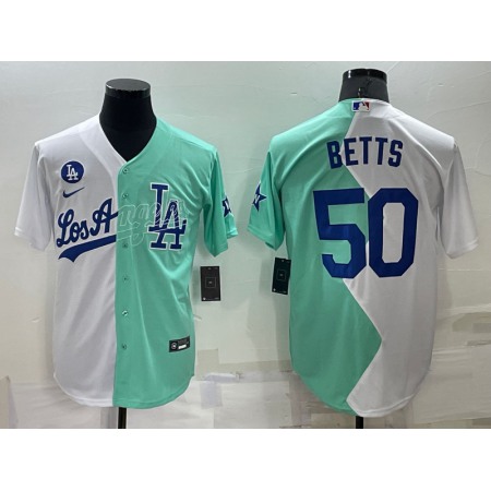 Men's Los Angeles Dodgers #50 Mookie Betts 2022 All-Star White/Green Cool Base Stitched Baseball Jersey