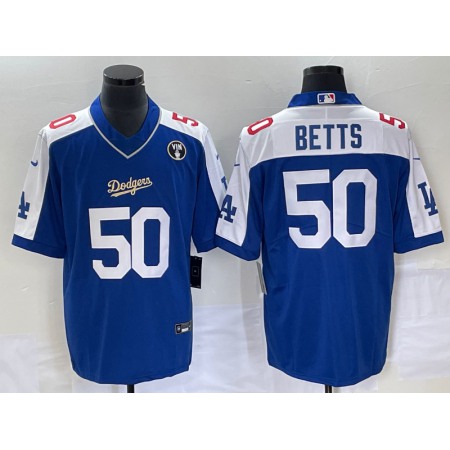 Men's Los Angeles Dodgers #50 Mookie Betts Blue Vin Scully Patch Stitched Jersey