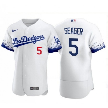 Men's Los Angeles Dodgers #5 Corey Seager 2021 White City Connect Flex Base Stitched Baseball Jersey