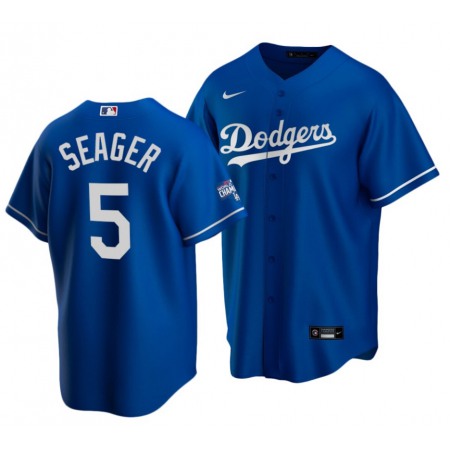 Men's Los Angeles Dodgers #5 Corey Seager Royal 2020 World Series Champions Home Patch Cool Base Stitched Jersey