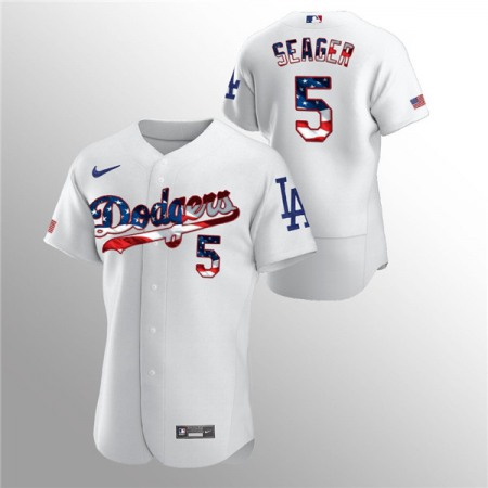 Men's Los Angeles Dodgers #5 Corey Seager White 2020 Stars & Stripes Flex Base Stitched Jersey