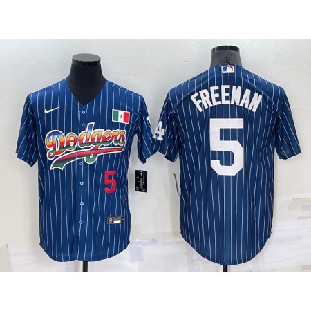 Men's Los Angeles Dodgers #5 Freddie Freeman Navy Mexico Rainbow Cool Base Stitched Baseball Jersey