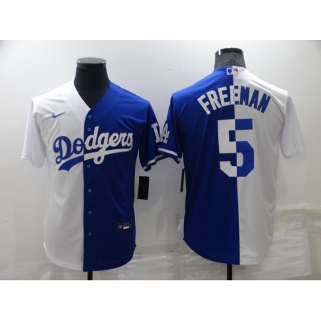 Men's Los Angeles Dodgers #5 Freddie Freeman White/Blue Split Cool Base Stitched Baseball Jersey