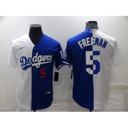 Men's Los Angeles Dodgers #5 Freddie Freeman White/Blue Split Cool Base Stitched Baseball Jersey