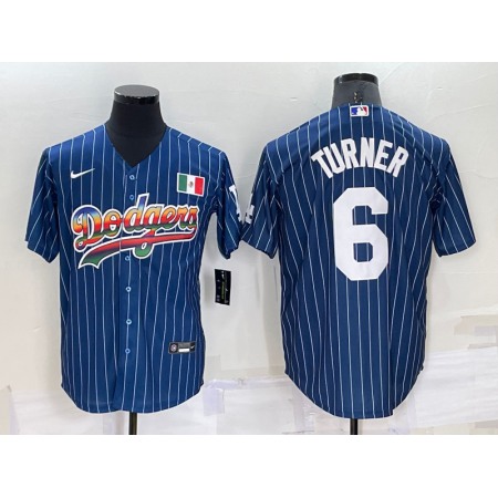 Men's Los Angeles Dodgers #6 Trea Turner Navy Mexico Rainbow Cool Base Stitched Baseball Jersey