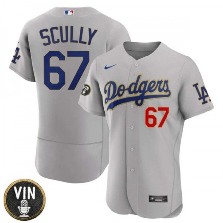 Men's Los Angeles Dodgers #67 Vin Scully 2022 Grey Vin Scully Patch Flex Base Stitched Baseball Jersey