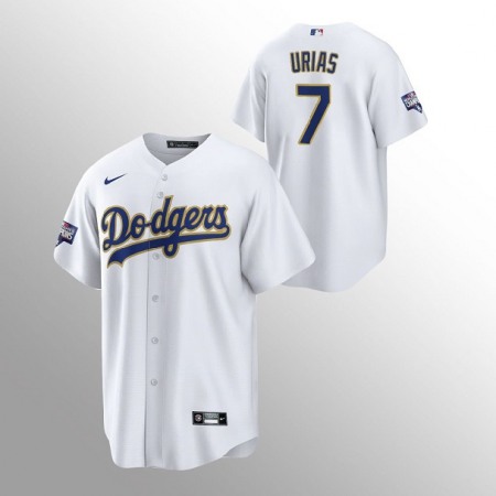 Men's Los Angeles Dodgers #7 Julio Urias White Champions Patch Gold Program Cool Base Stitched Jersey