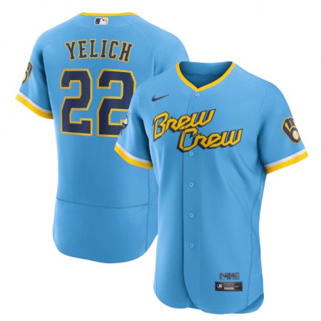 Men's Milwaukee Brewers #22 Christian Yelich Powder Blue 2022 City Connect Flex Base Stitched MLB Jersey