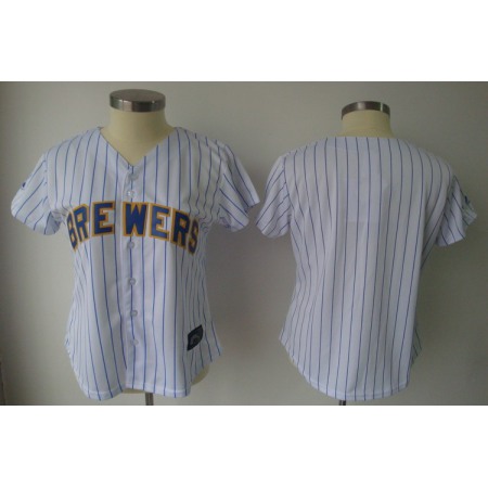 Brewers Blank White With Blue Strip Lady Fashion Stitched MLB Jersey