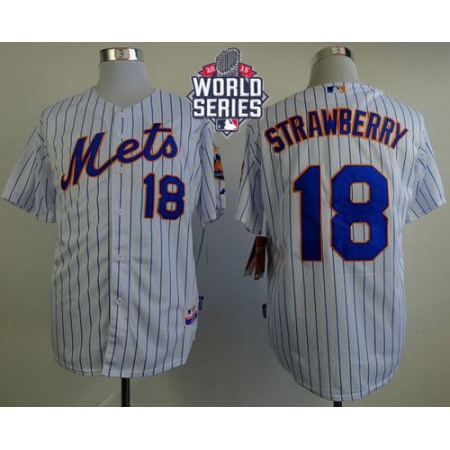 Mets #18 Darryl Strawberry White(Blue Strip) Home Cool Base W/2015 World Series Patch Stitched MLB Jersey