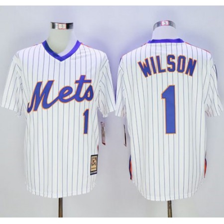 Mitchell and Ness Mets #1 Mookie Wilson Stitched White Blue Strip Throwback MLB Jersey