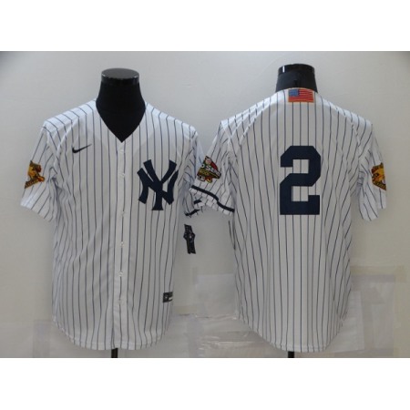 Men's New York Yankees #2 Derek Jeter White Strip World Series Cool Base Stitched Baseball Jersey