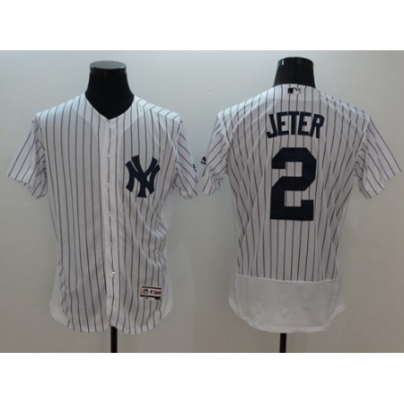 Yankees #2 Derek Jeter White Strip Flexbase Authentic Collection Name On Back Stitched MLB Jersey