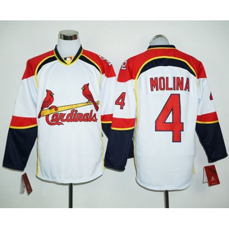 Cardinals #4 Yadier Molina White/Red Long Sleeve Stitched MLB Jersey