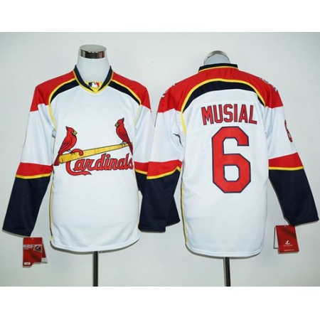 Cardinals #6 Stan Musial White/Red Long Sleeve Stitched MLB Jersey