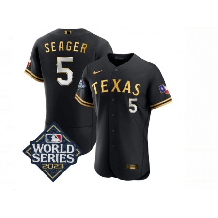 Men's Texas Rangers #5 Corey Seager Black Gold 2023 World Series Flex Base Stitched Baseball Jersey