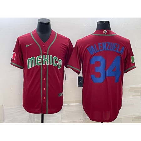 Men's Mexico Baseball #34 Fernando Valenzuela 2023 Red Blue World Baseball Classic Stitched Jersey