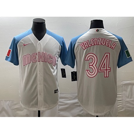 Men's Mexico Baseball #34 Fernando Valenzuela 2023 White Blue World Baseball Classic Stitched Jersey