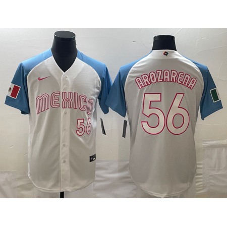 Men's Mexico Baseball #56 Randy Arozarena 2023 White Blue World Baseball Classic With Patch Stitched Jersey