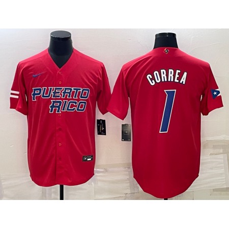 Men's Puerto Rico Baseball #1 Carlos Correa 2023 Red World Baseball Classic Stitched Jersey