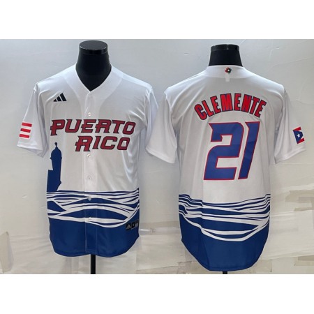 Men's Puerto Rico Baseball #21 Roberto Clemente 2023 White World Baseball Classic Stitched Jersey