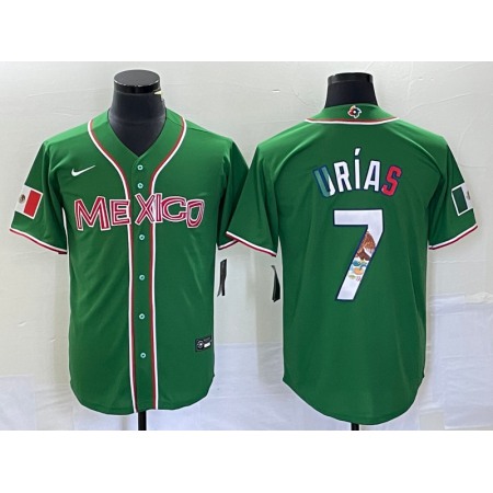 Men's Mexico Baseball #7 Julio Urias 2023 Green World Baseball With Patch Classic Stitched Jersey