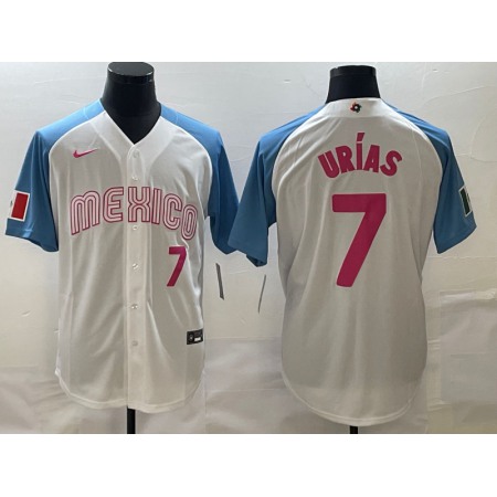 Men's Mexico Baseball #7 Julio Urias 2023 White Blue World Baseball Classic Stitched Jersey