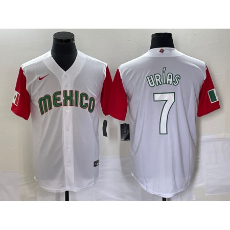 Men's Mexico Baseball #7 Julio Urias 2023 White Red World Baseball With Patch Classic Stitched Jersey