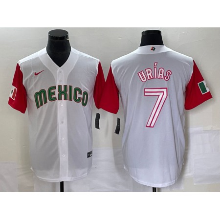 Men's Mexico Baseball #7 Julio Urias 2023 White Red World Baseball With Patch Classic Stitched Jersey