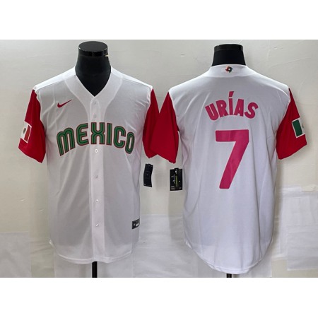 Men's Mexico Baseball #7 Julio Urias 2023 White Red World Baseball With Patch Classic Stitched Jersey