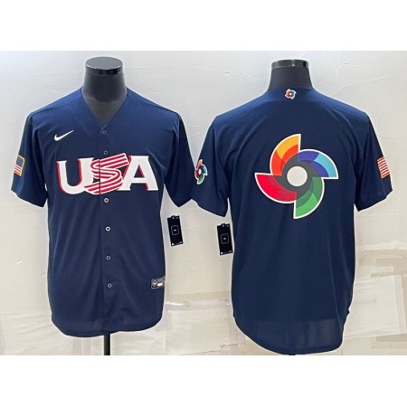 Men's USA Baseball Blank 2023 Navy World Baseball Big Logo With Patch Classic Stitched Jersey