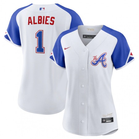 Women's Atlanta Braves #1 Ozzie Albies White 2023 City Connect Stitched Baseball Jersey(Run Small)