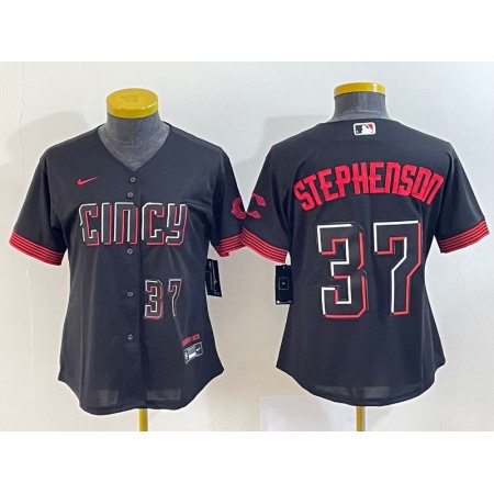 Women's Cincinnati Reds #37 Tyler Stephenson Black 2023 City Connect With Patch Stitched Baseball Jersey(Run Small)