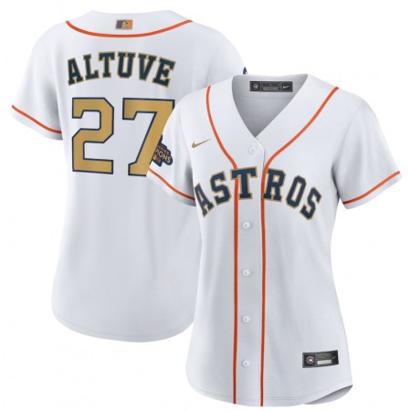 Women's Houston Astros #27 Jose Altuve White 2023 Gold Collection With World Serise Champions Patch Stitched Jersey(Run Small)