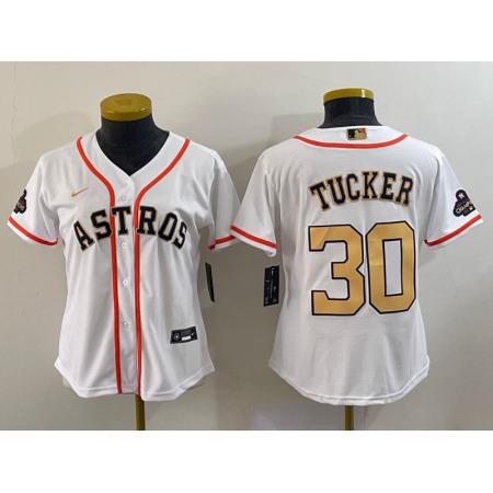 Women's Houston Astros #30 Kyle Tucker White 2023 Gold Collection With World Serise Champions Patch Stitched Jersey(Run Small)