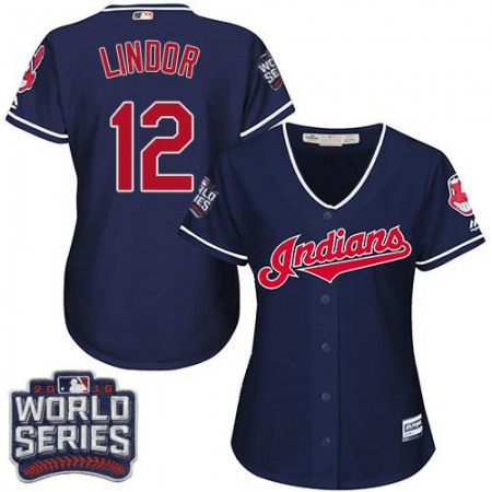 indians #12 Francisco Lindor Navy Blue 2016 World Series Bound Women's Alternate Stitched MLB Jersey