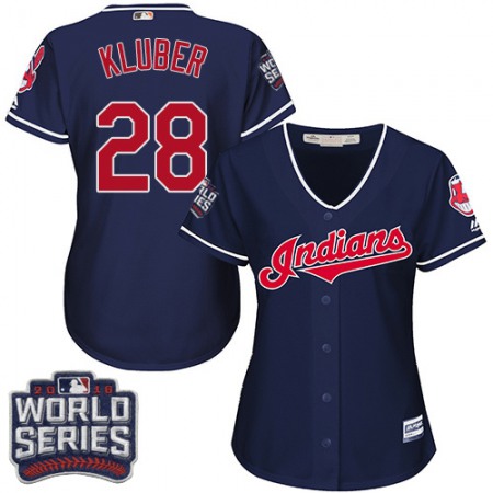 indians #28 Corey Kluber Navy Blue 2016 World Series Bound Women's Alternate Stitched MLB Jersey