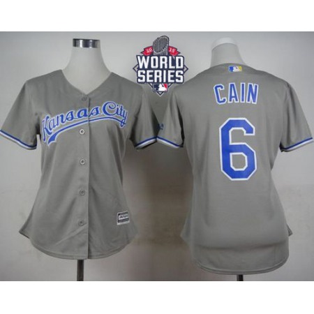 Royals #6 Lorenzo Cain Grey Road W/2015 World Series Patch Women's Stitched MLB Jersey