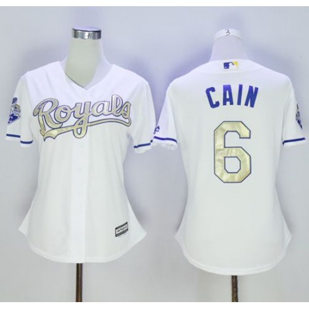 Royals #6 Lorenzo Cain White 2015 World Series Champions Gold Program Cool Base Women's Stitched MLB Jersey