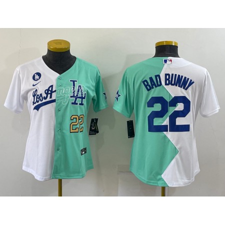 Women's Los Angeles Dodgers #22 Bad Bunny 2022 All-Star White/Green Split Stitched Baseball Jersey(Run Small)