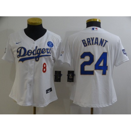 Women's Los Angeles Dodgers Front #8 Back #24 Kobe Bryant White Gold Championship Cool Base Stitched Jersey(Run Small)