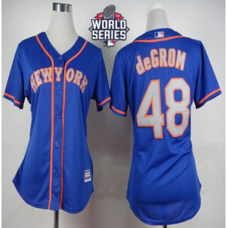 Mets #48 Jacob deGrom Blue(Grey NO.) Alternate Road W/2015 World Series Patch Women's Stitched MLB Jersey