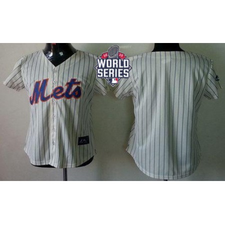 Mets Blank Cream(Blue Strip) W/2015 World Series Patch Women's Fashion Stitched MLB Jersey