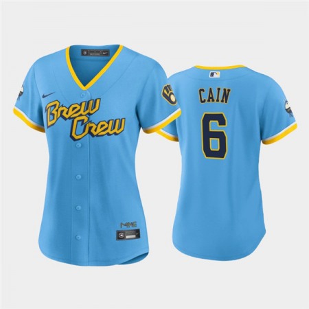 Women's Milwaukee Brewers #6 Lorenzo Cain 2022 Powder Blue City Connect Cool Base Stitched Jersey(Run Small)