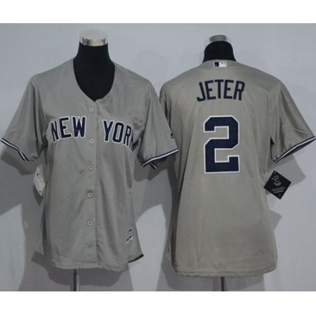 Yankees #2 Derek Jeter Grey Women's Road Stitched MLB Jersey