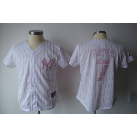 Yankees #7 Mickey Mantle White With Pink Strip Women's Fashion Stitched MLB Jersey