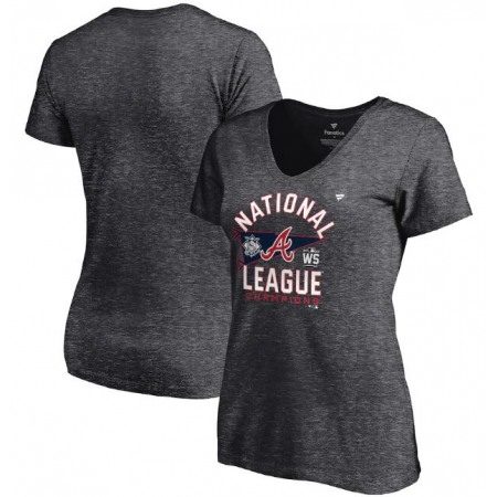 Women's Atlanta Braves 2021 Heathered Charcoal National League Champions Locker Room V-Neck T-Shirt(Run Small)