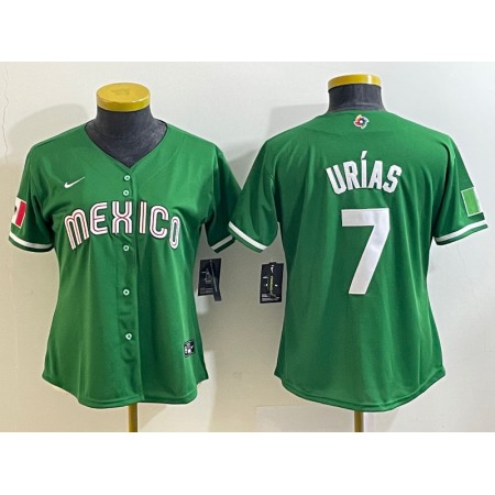 Women's Mexico Baseball #7 Julio Urias 2023 Green World Baseball Classic Stitched Jersey(Run Small)