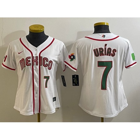 Women's Mexico Baseball #7 Julio Urias 2023 White World Baseball Classic With Patch Stitched Jersey(Run Small)